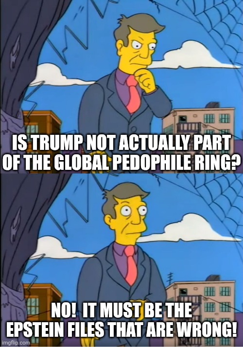 the liberals are NOT OKAY | IS TRUMP NOT ACTUALLY PART OF THE GLOBAL PEDOPHILE RING? NO!  IT MUST BE THE EPSTEIN FILES THAT ARE WRONG! | image tagged in skinner out of touch,epstein,political meme | made w/ Imgflip meme maker