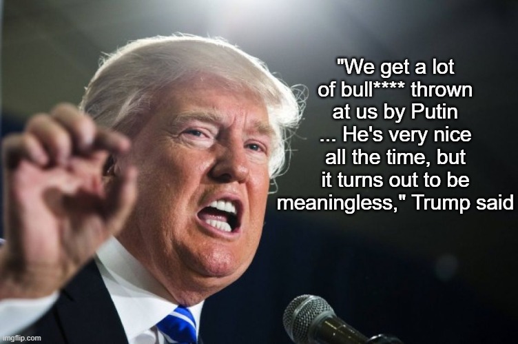 donald trump | "We get a lot of bull**** thrown at us by Putin ... He's very nice all the time, but it turns out to be meaningless," Trump said | image tagged in donald trump | made w/ Imgflip meme maker