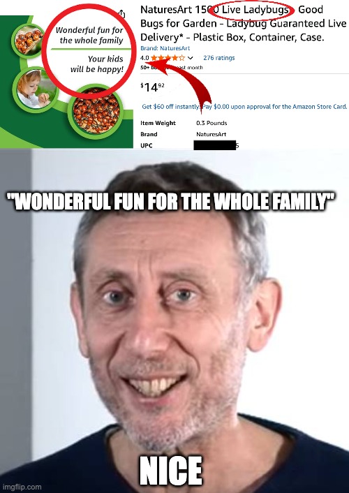 "WONDERFUL FUN FOR THE WHOLE FAMILY"; NICE | image tagged in nice michael rosen | made w/ Imgflip meme maker