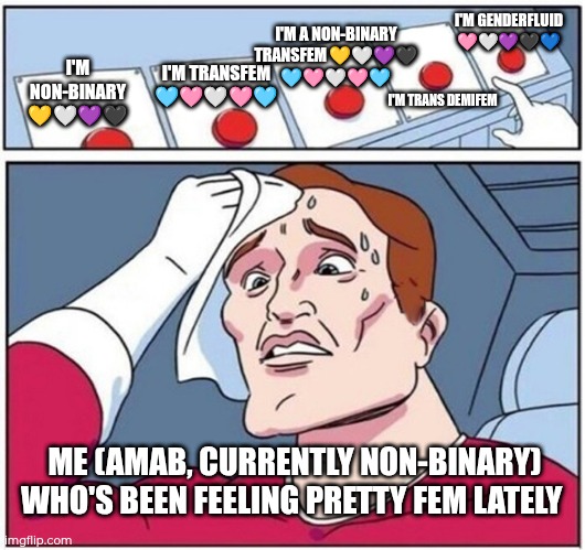 Figuring out your gender identity be like (does anyone have any advice? Might help me out) | I'M A NON-BINARY TRANSFEM 💛🤍💜🖤
🩵🩷🤍🩷🩵; I'M GENDERFLUID 🩷🤍💜🖤💙; I'M TRANSFEM 🩵🩷🤍🩷🩵; I'M NON-BINARY 💛🤍💜🖤; I'M TRANS DEMIFEM; ME (AMAB, CURRENTLY NON-BINARY) WHO'S BEEN FEELING PRETTY FEM LATELY | image tagged in five buttons,gender,transgender,gender identity,lgbtq | made w/ Imgflip meme maker