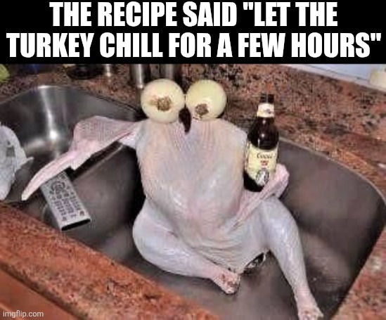 The Recipe Said Let The Turkey Chill For A Few Hours | THE RECIPE SAID "LET THE TURKEY CHILL FOR A FEW HOURS" | image tagged in chrisjoines1 | made w/ Imgflip meme maker