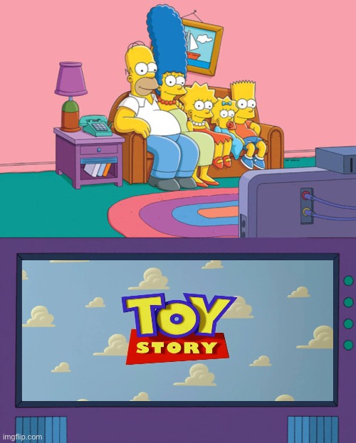 The Simpsons Watching Toy Story (1995) | image tagged in the simpsons,toy story,memes,pixar,disney,simpsons | made w/ Imgflip meme maker