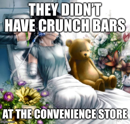 limbless anime girl | THEY DIDN’T HAVE CRUNCH BARS; AT THE CONVENIENCE STORE | image tagged in limbless anime girl | made w/ Imgflip meme maker