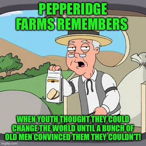 Pepperidge Farm Remembers Meme | PEPPERIDGE FARMS REMEMBERS; WHEN YOUTH THOUGHT THEY COULD CHANGE THE WORLD UNTIL A BUNCH OF OLD MEN CONVINCED THEM THEY COULDN’T! | image tagged in memes,pepperidge farm remembers | made w/ Imgflip meme maker