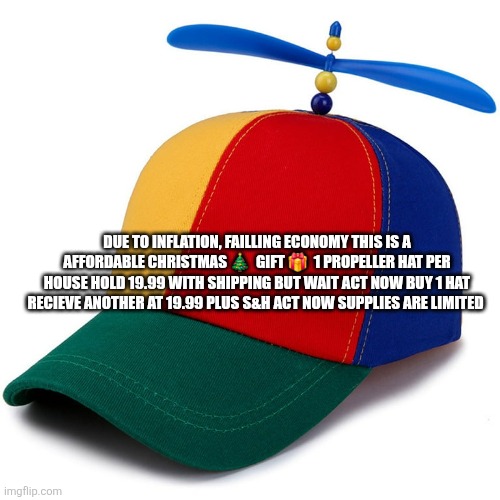 Readers highgest: parody advertisement page | DUE TO INFLATION, FAILLING ECONOMY THIS IS A AFFORDABLE CHRISTMAS 🎄  GIFT 🎁  1 PROPELLER HAT PER HOUSE HOLD 19.99 WITH SHIPPING BUT WAIT ACT NOW BUY 1 HAT RECIEVE ANOTHER AT 19.99 PLUS S&H ACT NOW SUPPLIES ARE LIMITED | image tagged in parody | made w/ Imgflip meme maker