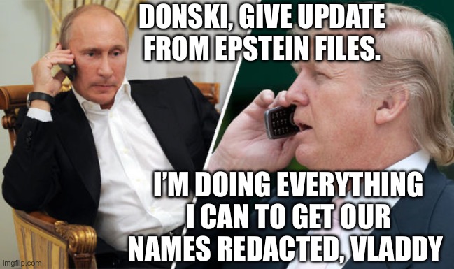 DONSKI, GIVE UPDATE FROM EPSTEIN FILES. I’M DOING EVERYTHING I CAN TO GET OUR NAMES REDACTED, VLADDY | image tagged in trump putin | made w/ Imgflip meme maker