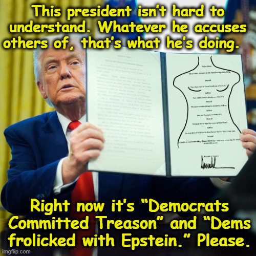 tRump's Lizard Brain | This president isn’t hard to understand. Whatever he accuses others of, that’s what he’s doing. Right now it’s “Democrats Committed Treason” and “Dems frolicked with Epstein.” Please. | image tagged in trump epstein birthday card,donald trump is an idiot,maga,jeffrey epstein,president trump,nevertrump | made w/ Imgflip meme maker