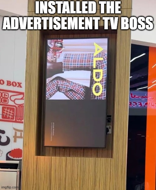 Sideways TV | INSTALLED THE ADVERTISEMENT TV BOSS | image tagged in you had one job | made w/ Imgflip meme maker