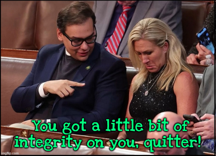 Quitter | You got a little bit of integrity on you, quitter! | image tagged in quitter,marjoire taylor greene,santos,maga meltdown,epstein files,jeff was murdered and maxwell is next | made w/ Imgflip meme maker
