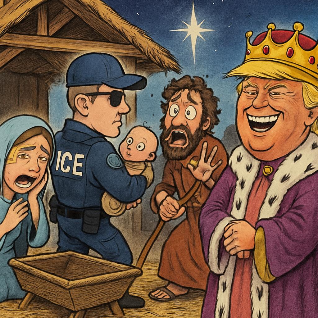 Nativity scene. Ice agent stealing baby Jesus. Mary is crying. J Blank Meme Template