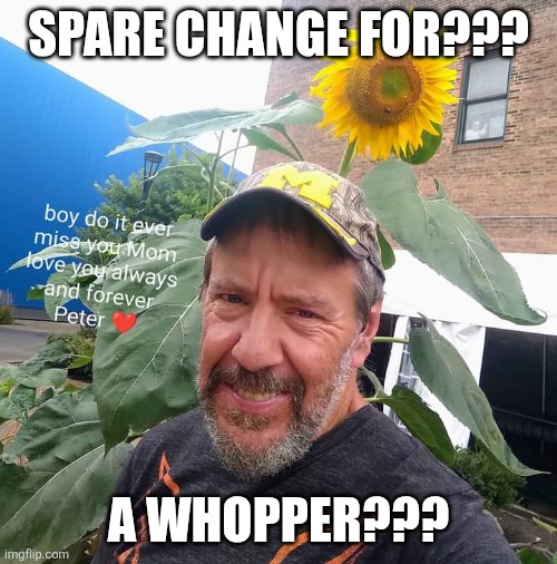 Spare Change For??? | SPARE CHANGE FOR??? A WHOPPER??? | image tagged in peter plant,burger king,whopper,funny memes,homeless,hungry | made w/ Imgflip meme maker