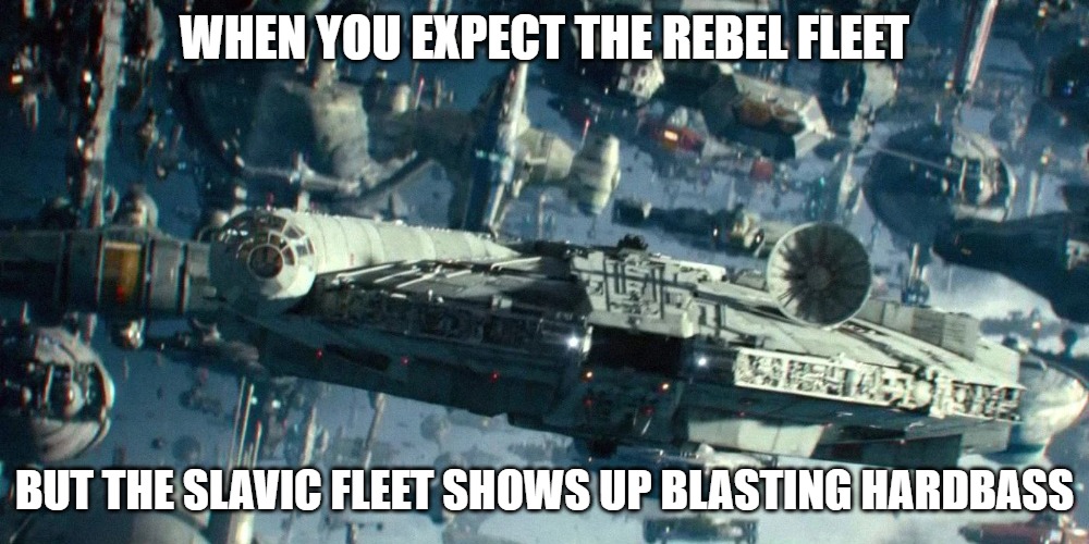 Rebel Fleet | WHEN YOU EXPECT THE REBEL FLEET; BUT THE SLAVIC FLEET SHOWS UP BLASTING HARDBASS | image tagged in rebel fleet,slavic fleet,slavic lives matter | made w/ Imgflip meme maker
