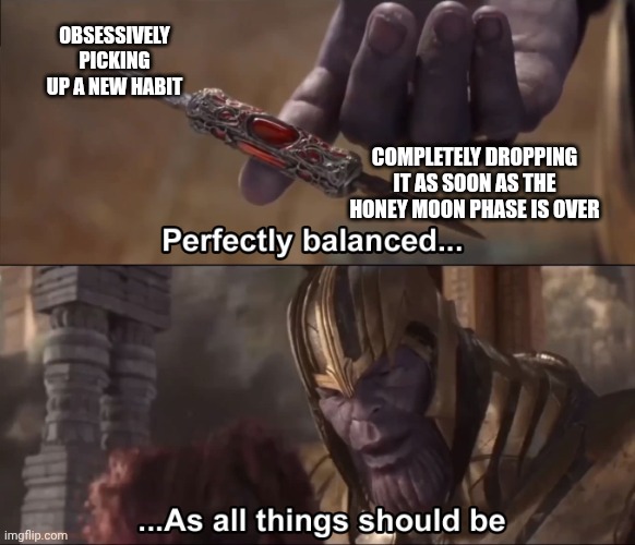Thanos perfectly balanced as all things should be | OBSESSIVELY PICKING UP A NEW HABIT; COMPLETELY DROPPING IT AS SOON AS THE HONEY MOON PHASE IS OVER | image tagged in thanos perfectly balanced as all things should be | made w/ Imgflip meme maker