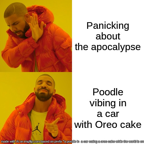 my thoughts: | Panicking about the apocalypse; Poodle vibing in a car with Oreo cake | image tagged in memes,drake hotline bling | made w/ Imgflip meme maker