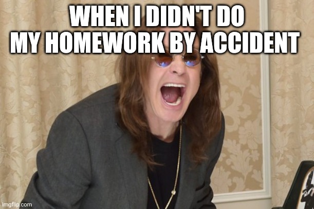 When I didn't do my homework by accident | WHEN I DIDN'T DO MY HOMEWORK BY ACCIDENT | image tagged in ozzy osbourne yell,ozzy osbourne,meme,homework | made w/ Imgflip meme maker