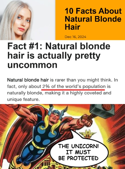 Prob the biggest trigger in modern identity politics. Before that, we had "dumb blonde"-jokes | THE UNICORN! IT MUST BE PROTECTED | image tagged in thor,comics,blonde | made w/ Imgflip meme maker