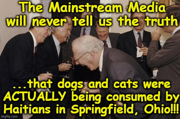 And Then He Said | The Mainstream Media will never tell us the truth ...that dogs and cats were ACTUALLY being consumed by Haitians in Springfield, Ohio!!! | image tagged in and then he said | made w/ Imgflip meme maker