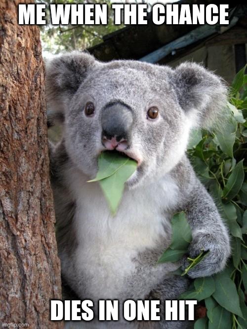 LIKE DUDE HOW MUCH WEAKNESS DOES HE HAVE?! | ME WHEN THE CHANCE; DIES IN ONE HIT | image tagged in memes,surprised koala | made w/ Imgflip meme maker