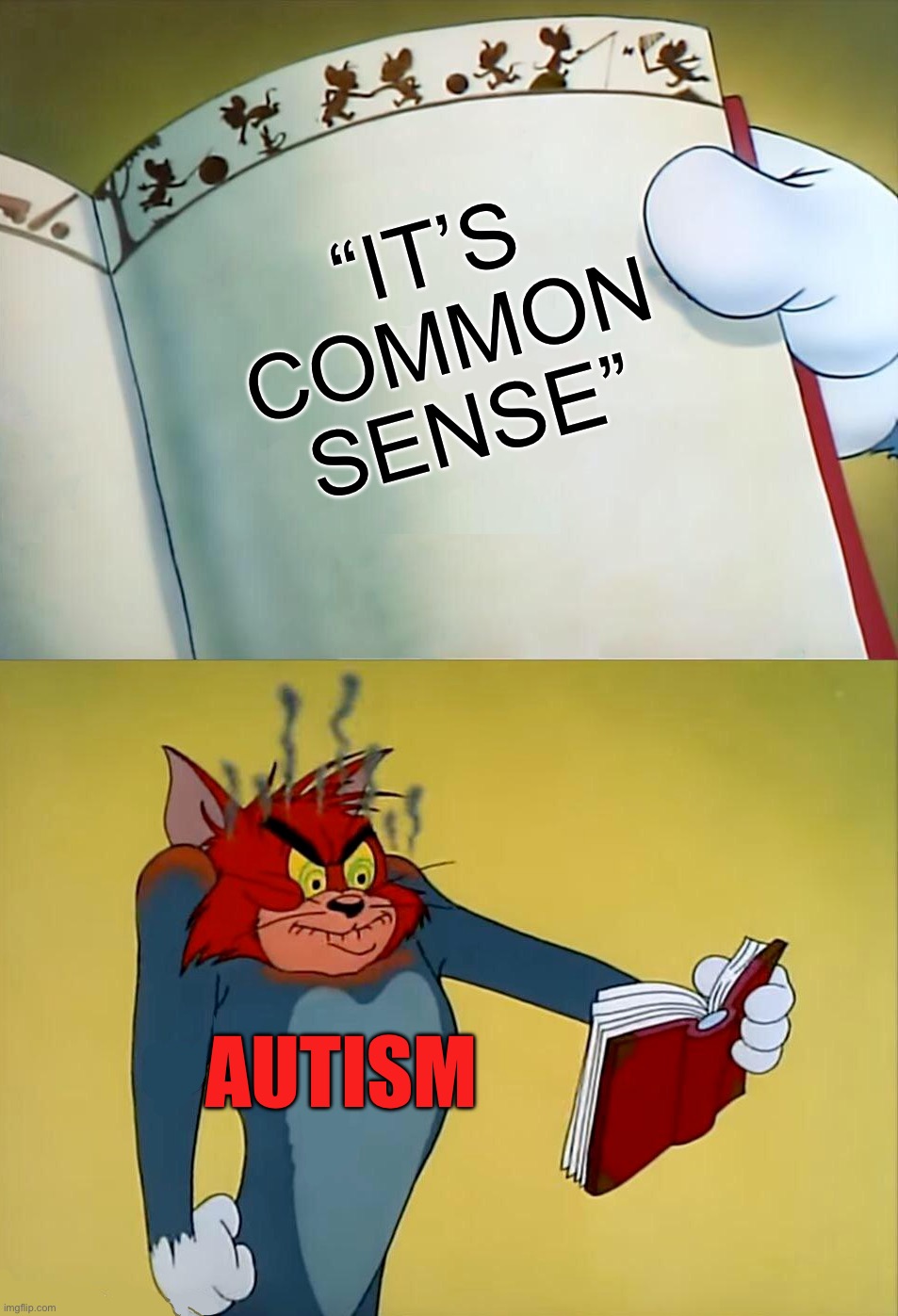 My Autism when they say “It’s common sense.” | “IT’S COMMON SENSE”; AUTISM | image tagged in angry tom,autism,adhd,neurodivergence | made w/ Imgflip meme maker