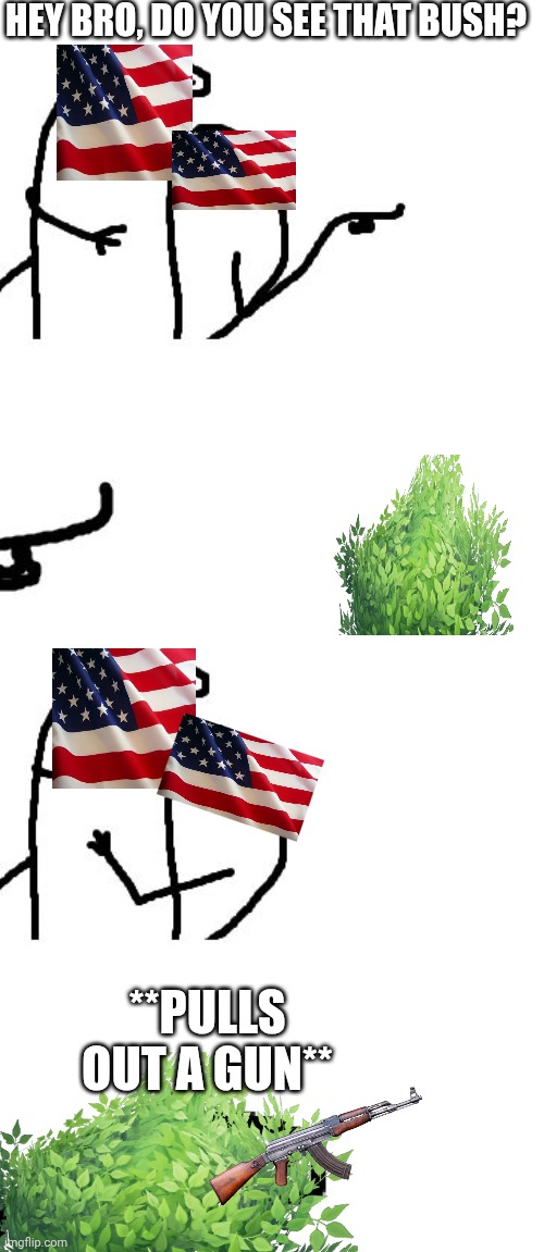 Hey you see that guy over there | HEY BRO, DO YOU SEE THAT BUSH? **PULLS OUT A GUN** | image tagged in hey you see that guy over there | made w/ Imgflip meme maker
