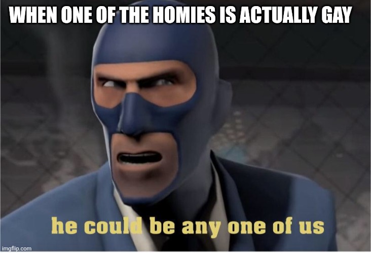 It's me :3 | WHEN ONE OF THE HOMIES IS ACTUALLY GAY | image tagged in he could be anyone of us | made w/ Imgflip meme maker