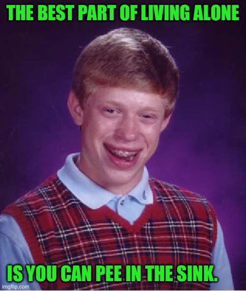 Bad Luck Brian Meme | THE BEST PART OF LIVING ALONE; IS YOU CAN PEE IN THE SINK. | image tagged in memes,bad luck brian | made w/ Imgflip meme maker
