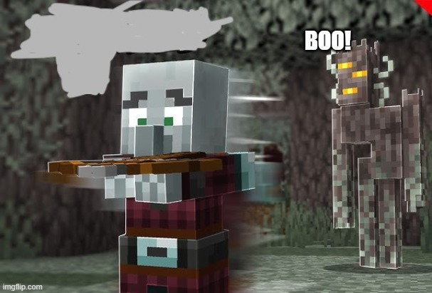 Pillager Running Away From Creaking | BOO! | image tagged in pillager running away from creaking | made w/ Imgflip meme maker