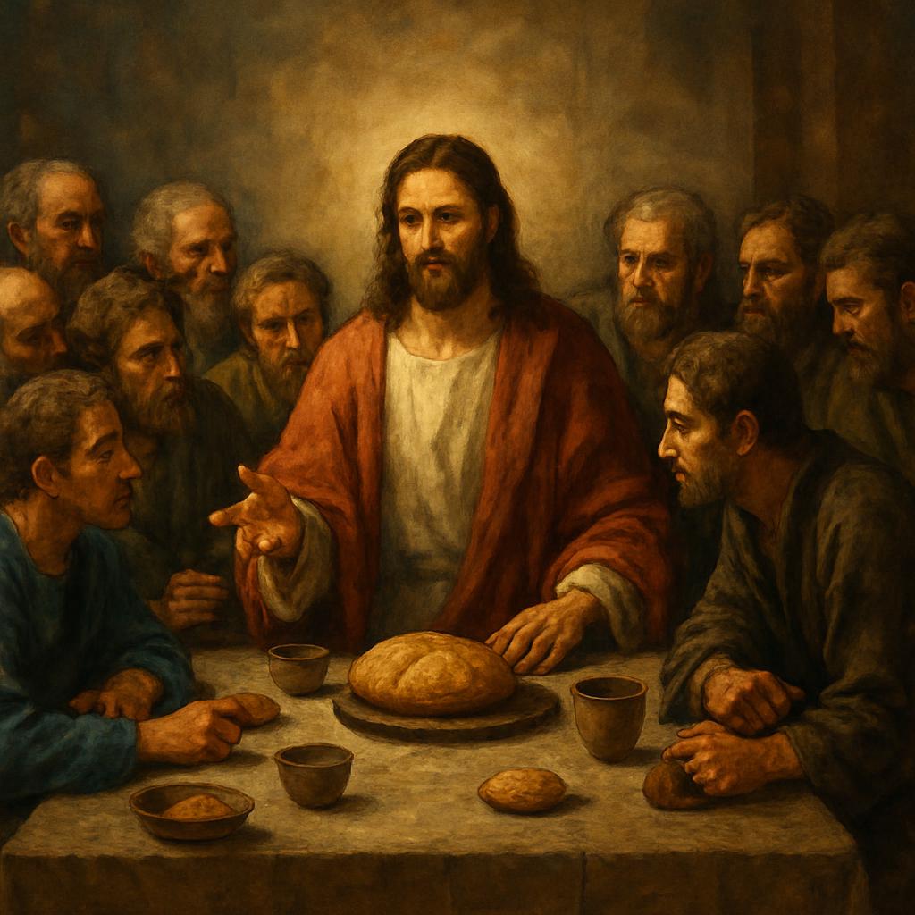 Jesus last supper talking to disciples with bread and Judas Blank Meme Template