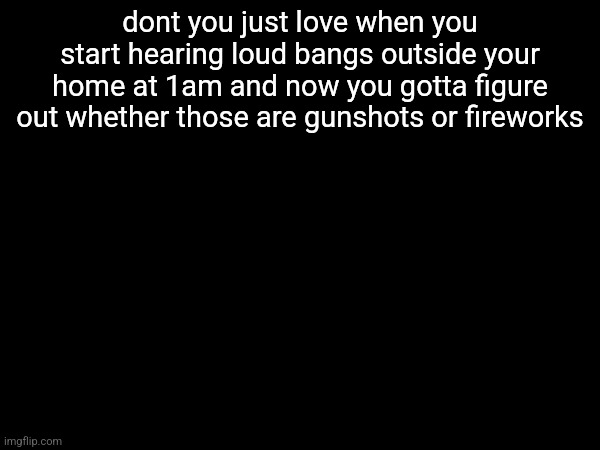 dont you just love when you start hearing loud bangs outside your home at 1am and now you gotta figure out whether those are gunshots or fireworks | made w/ Imgflip meme maker