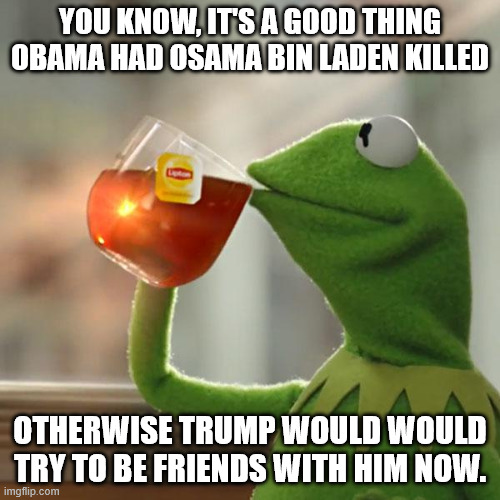 But That's None Of My Business Meme | YOU KNOW, IT'S A GOOD THING OBAMA HAD OSAMA BIN LADEN KILLED; OTHERWISE TRUMP WOULD WOULD TRY TO BE FRIENDS WITH HIM NOW. | image tagged in memes,but that's none of my business,kermit the frog | made w/ Imgflip meme maker