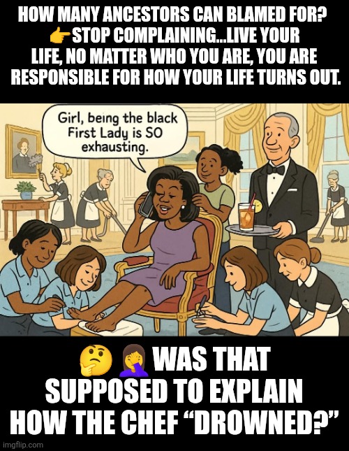 Complaining explains how the chef “drowned?” | HOW MANY ANCESTORS CAN BLAMED FOR? 
👉STOP COMPLAINING...LIVE YOUR LIFE, NO MATTER WHO YOU ARE, YOU ARE  RESPONSIBLE FOR HOW YOUR LIFE TURNS OUT. 🤔🤦‍♀️WAS THAT SUPPOSED TO EXPLAIN HOW THE CHEF “DROWNED?” | image tagged in obama,complaining,race baiting,personal responsibility,accountability,grit | made w/ Imgflip meme maker