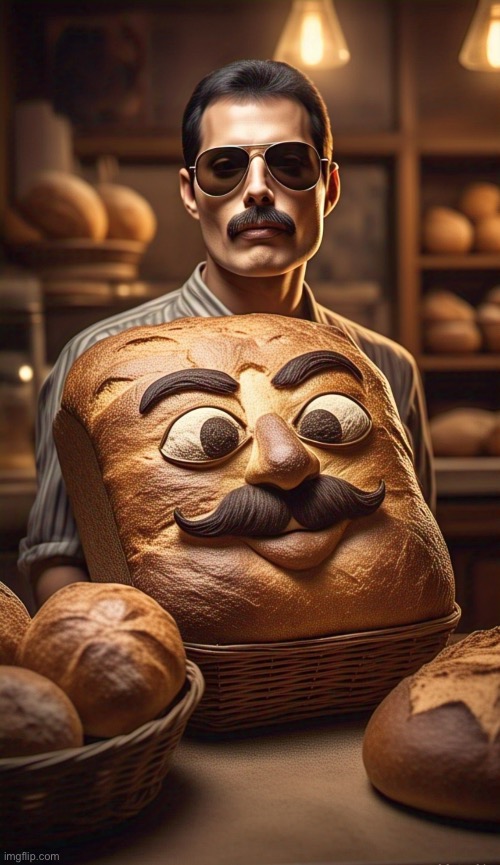 Breadie Mercury (Inspired by Freddie Mercury, Vince Vance, and Karbs) | image tagged in freddie mercury,vince vance,ai art,pop art,bread,brian einersen | made w/ Imgflip meme maker