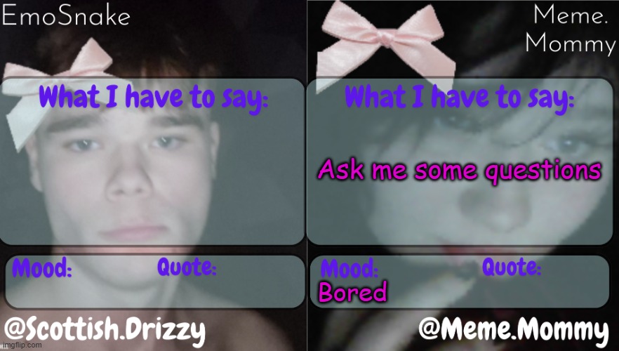 EmoSnake & Meme.Mommy shared temp ;p | Ask me some questions; Bored | image tagged in emosnake meme mommy shared temp p | made w/ Imgflip meme maker