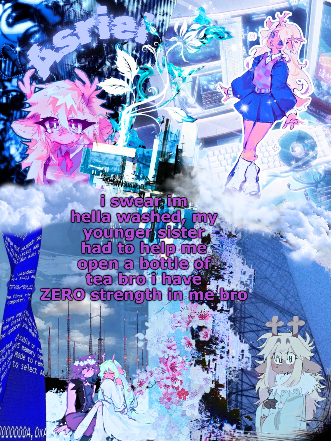 asriel's noelle template | i swear im hella washed, my younger sister had to help me open a bottle of tea bro i have ZERO strength in me bro | image tagged in asriel's noelle template | made w/ Imgflip meme maker