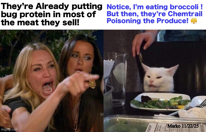 Full Spectrum Attack | They’re Already putting
bug protein in most of
the meat they sell! Notice, I’m eating broccoli !
But then, they’re Chemtrail
Poisoning the Produce! They are 😤; Marko 11/22/25 | image tagged in memes,woman yelling at cat,bug protein and chitin to poison u,breath eat drink inject poison,kissmyass lefty | made w/ Imgflip meme maker