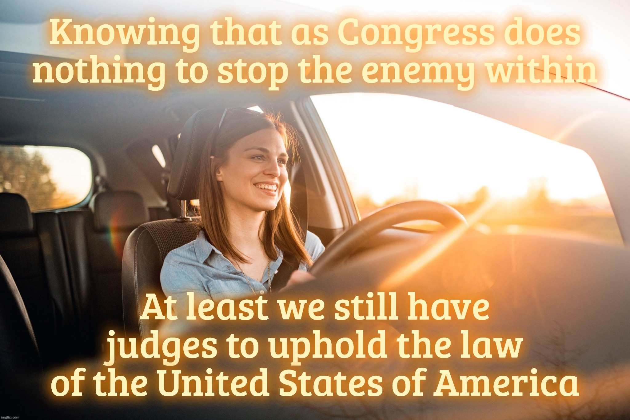 Smiling in the car | Knowing that as Congress does
nothing to stop the enemy within At least we still have judges to uphold the law of the United States of Ameri | image tagged in smiling in the car | made w/ Imgflip meme maker