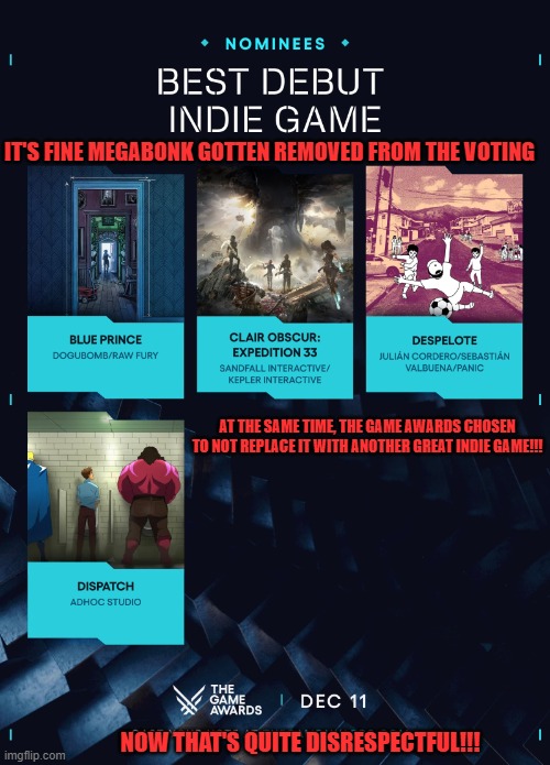 IT'S FINE MEGABONK GOTTEN REMOVED FROM THE VOTING; AT THE SAME TIME, THE GAME AWARDS CHOSEN TO NOT REPLACE IT WITH ANOTHER GREAT INDIE GAME!!! NOW THAT'S QUITE DISRESPECTFUL!!! | image tagged in indie,game,replace,awards,disrespectful | made w/ Imgflip meme maker