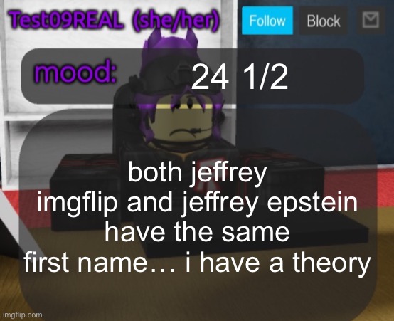 Test09 Jane Doe temp v2 | 24 1/2; both jeffrey imgflip and jeffrey epstein have the same first name… i have a theory | image tagged in test09 jane doe temp v2 | made w/ Imgflip meme maker