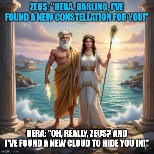 Day in the life of the ruling couple of the Greek Pantheon | ZEUS: "HERA, DARLING, I'VE FOUND A NEW CONSTELLATION FOR YOU!"; HERA: "OH, REALLY, ZEUS? AND I'VE FOUND A NEW CLOUD TO HIDE YOU IN!" | image tagged in zeus and hera,zeus,hera,greek mythology,parthenon | made w/ Imgflip meme maker