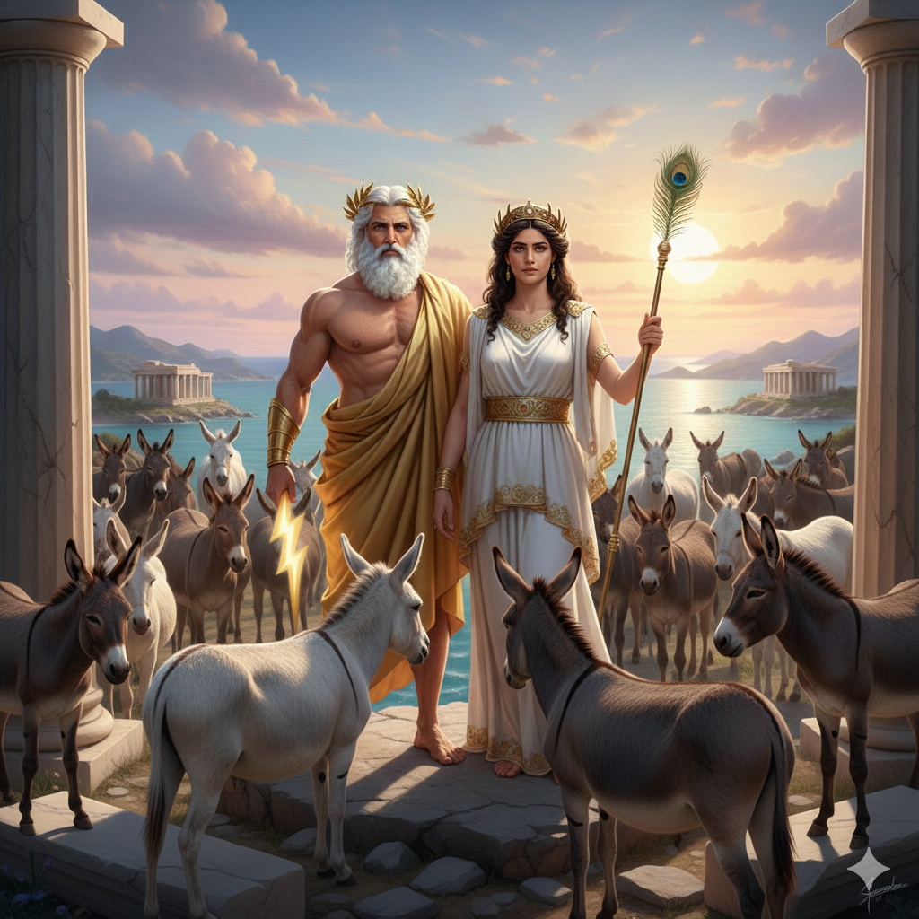 Zeus and Hera surrounded by donkeys Blank Meme Template