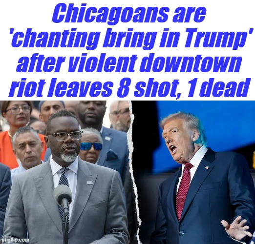 DEMS are destroying America intentionally. Strict gun laws don't work, let Americans defend themselves. | Chicagoans are 'chanting bring in Trump' after violent downtown riot leaves 8 shot, 1 dead | made w/ Imgflip meme maker