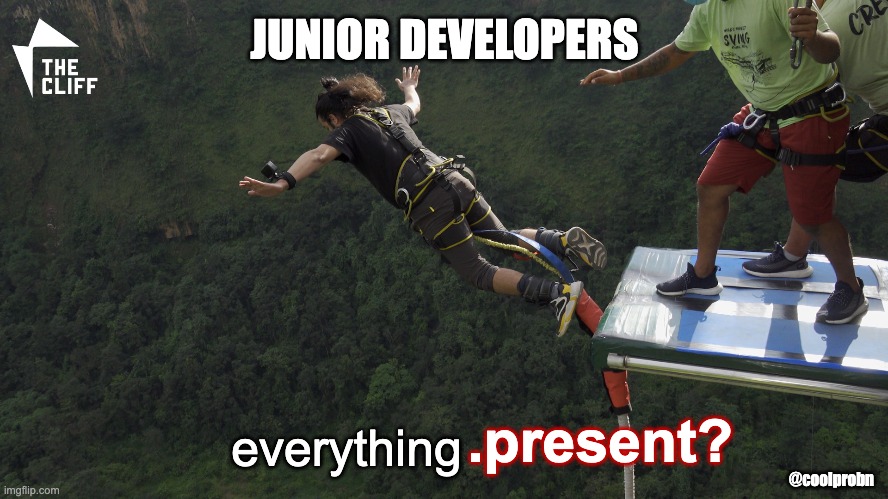 Junior Rails developer using `.present?` method for everything | JUNIOR DEVELOPERS; everything; .present? @coolprobn | image tagged in programming,coding | made w/ Imgflip meme maker