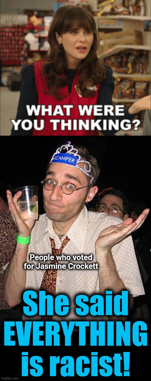 Stupid is as stupid does | People who voted
for Jasmine Crockett; She said
EVERYTHING
is racist! | image tagged in memes,jasmine crockett,democrats,voters,idiots,racist | made w/ Imgflip meme maker