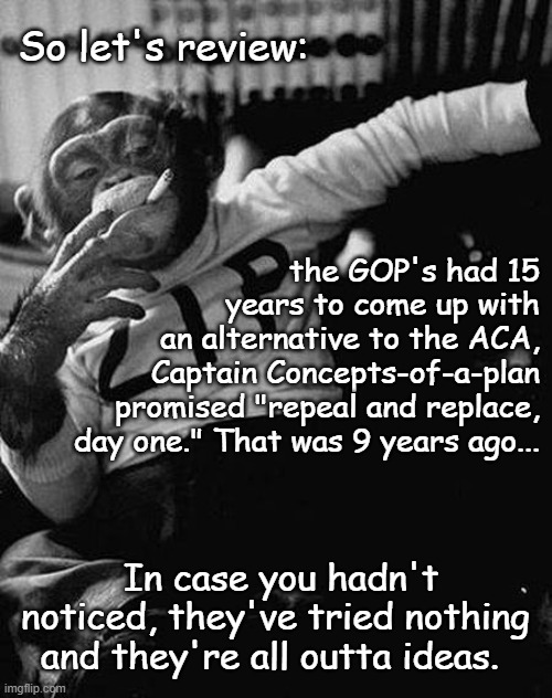 Why do the thing when not doing it ensures you have a scarecrow to shoo voters into the booths? | So let's review:; the GOP's had 15
years to come up with
an alternative to the ACA,
Captain Concepts-of-a-plan
promised "repeal and replace,
day one." That was 9 years ago... In case you hadn't noticed, they've tried nothing and they're all outta ideas. | image tagged in zip the smoking chimp,gop,empty promises,healthcare,do nothings,identity politics | made w/ Imgflip meme maker