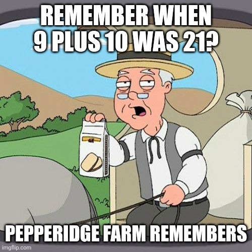 Pepperidge Farm Remembers | REMEMBER WHEN 9 PLUS 10 WAS 21? PEPPERIDGE FARM REMEMBERS | image tagged in memes,pepperidge farm remembers,21,9 plus 10 | made w/ Imgflip meme maker