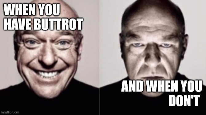 Buttrot Meme | WHEN YOU 
HAVE BUTTROT; AND WHEN YOU
DON'T | image tagged in happy man and serious man,funny memes | made w/ Imgflip meme maker