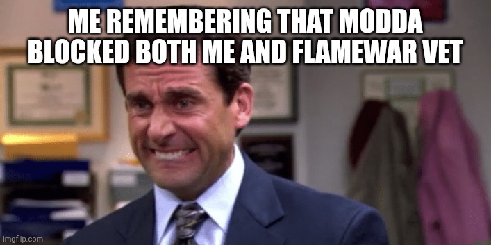 We only wanted to preserve our friendship with him | ME REMEMBERING THAT MODDA BLOCKED BOTH ME AND FLAMEWAR VET | image tagged in michael scott stressed | made w/ Imgflip meme maker