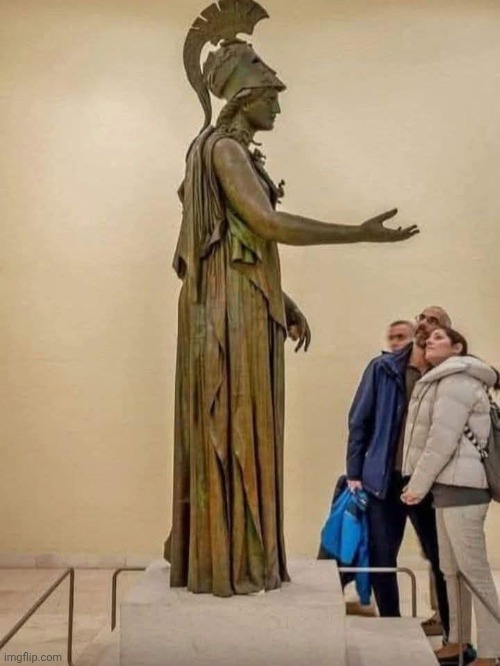 Athena of Piraeus. A large bronze statue of the goddess Athena dated to the 4th century BC.  Archaeological Museum of Piraeus | image tagged in athena | made w/ Imgflip meme maker