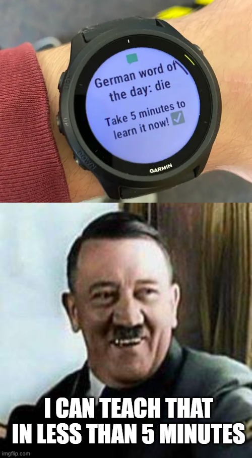 German Word of the Day | I CAN TEACH THAT IN LESS THAN 5 MINUTES | image tagged in laughing hitler | made w/ Imgflip meme maker