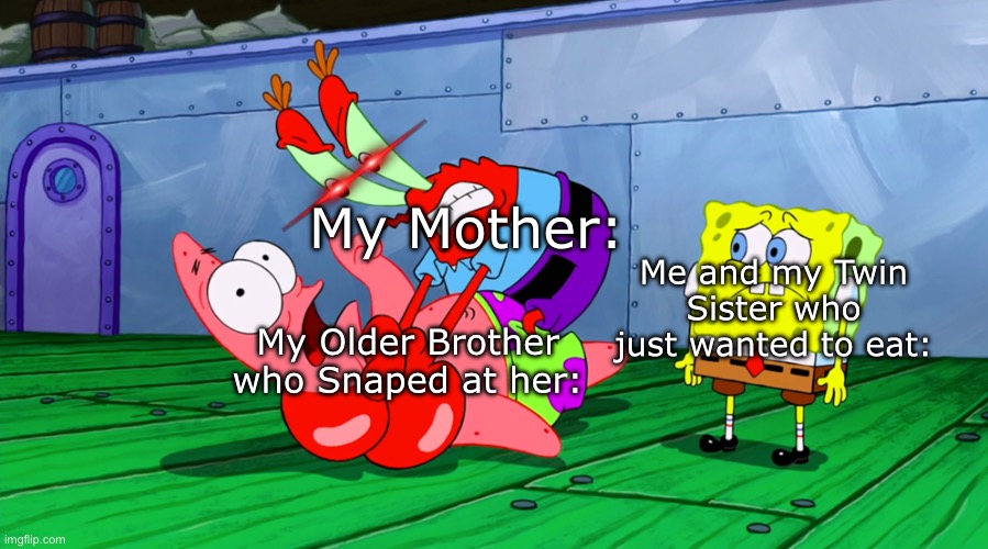 Here is a Relatable Meme, Probably Just relatable to me? | My Mother:; Me and my Twin Sister who just wanted to eat:; My Older Brother who Snaped at her: | image tagged in mr krabs strangling patrick in hd | made w/ Imgflip meme maker
